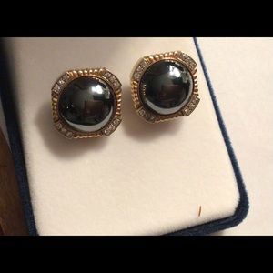 Custom made earrings, in 1980’s, gold, at least 18k, hematite center, diamonds